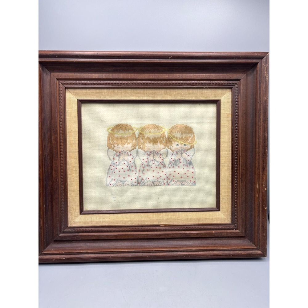 Handmade Framed Cross Stitch Art Three Praying‎ Angels Religious Decor Hanging
